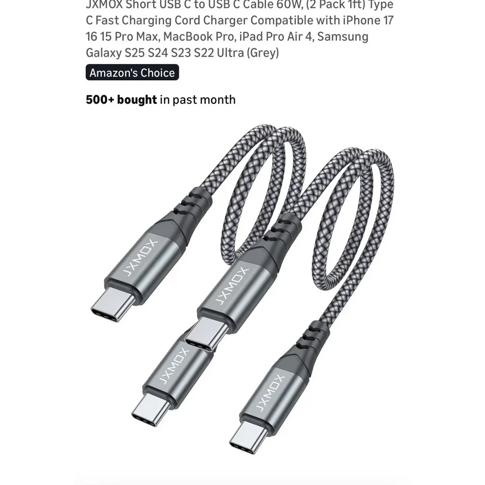 JXMOX 2 Pack‎ High Quality Digital Cables USB C to USB C Cables 0.3M Gray
